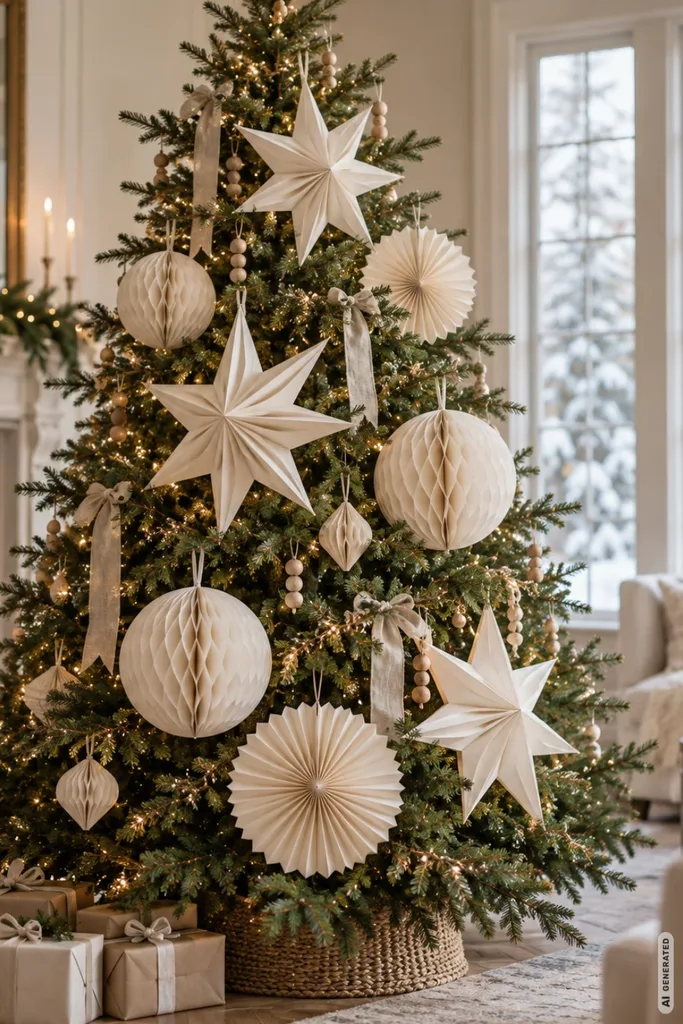 Weihnachtsbaum mal anders schmücken: 5 Ideen, die du so bestimmt noch nicht kennst Weihnachtsbaum mit großen cremeweißen Papiersternen, Wabenornamenten, Holzperlen und natürlichen Leinenbändern.