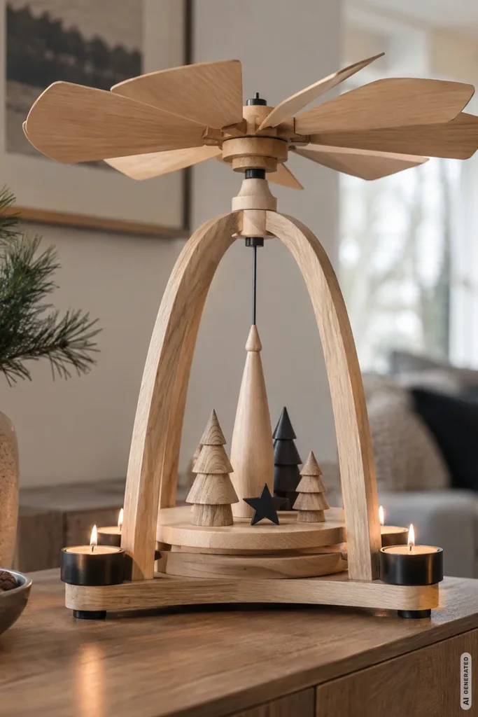 Weihnachtspyramide neu gedacht - 5 moderne Varianten des Weihnachtsklassikers Modernisierte klassische Weihnachtspyramide aus Holz mit Kerzen und reduzierten Figuren.