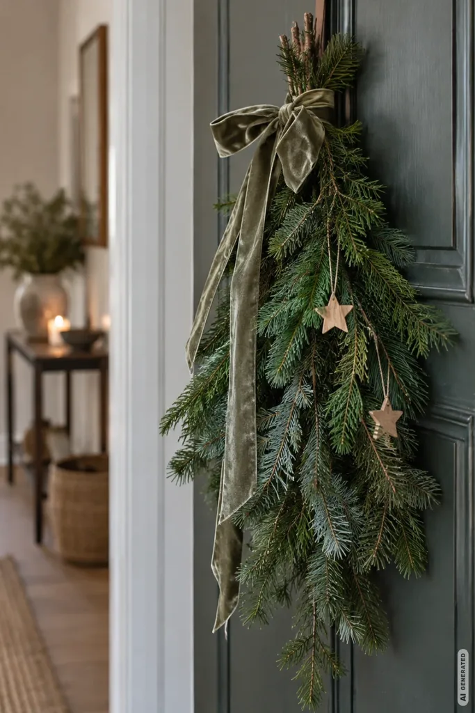 Weihnachtsdeko mit Tannenzweigen: 5 Ideen, die ohne viel Schnickschnack auskommen Tannenzweige mit grüner Samtschleife und kleinen Holzsternen hängen als Weihnachtsdeko an einer dunklen Haustür.