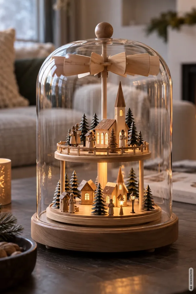 Weihnachtspyramide neu gedacht - 5 moderne Varianten des Weihnachtsklassikers Kleine Weihnachtspyramide unter einer Glasglocke auf einem Couchtisch im Wohnzimmer.