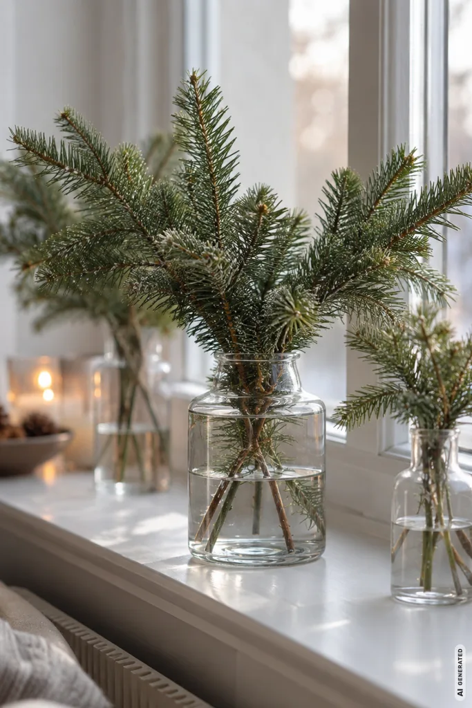 Weihnachtsdeko mit Tannenzweigen: 5 Ideen, die ohne viel Schnickschnack auskommen Frische Tannenzweige stehen in drei Glasvasen mit Wasser auf einer hellen Fensterbank neben winterlicher Dekoration.