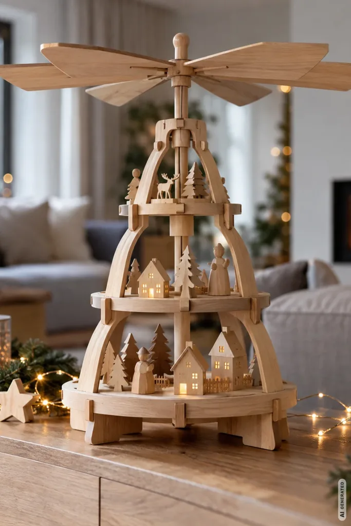 Weihnachtspyramide neu gedacht - 5 moderne Varianten des Weihnachtsklassikers Modulare Weihnachtspyramide aus Holz mit mehreren Ebenen und filigranen Figuren.