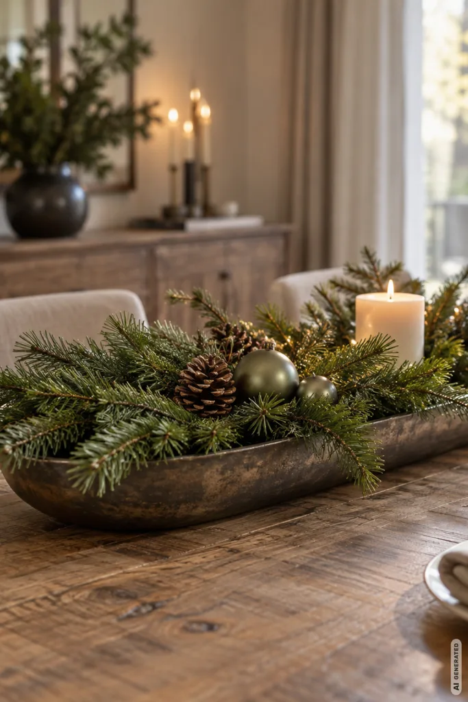 Weihnachtsdeko mit Tannenzweigen: 5 Ideen, die ohne viel Schnickschnack auskommen Flache Metallschale mit Tannenzweigen, Zapfen, grünen Weihnachtskugeln und Kerze auf einem rustikalen Esstisch.