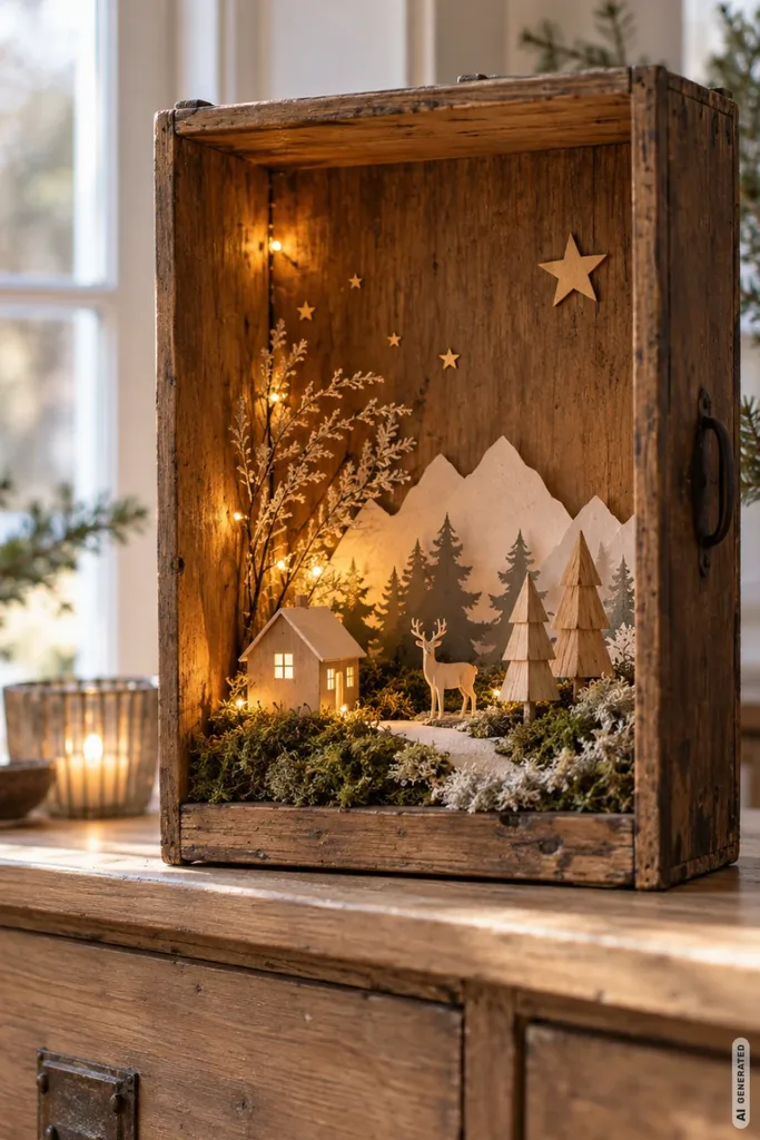Aufrecht stehende Holzschublade mit beleuchtetem Miniaturhaus, Hirsch, Tannenbäumen und Moos.