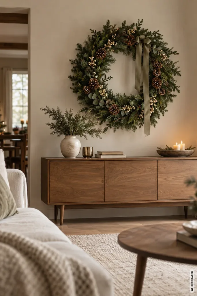 Großer Weihnachtskranz aus Tannengrün und Zapfen über einer schlichten Holzkommode im gemütlichen Wohnzimmer.