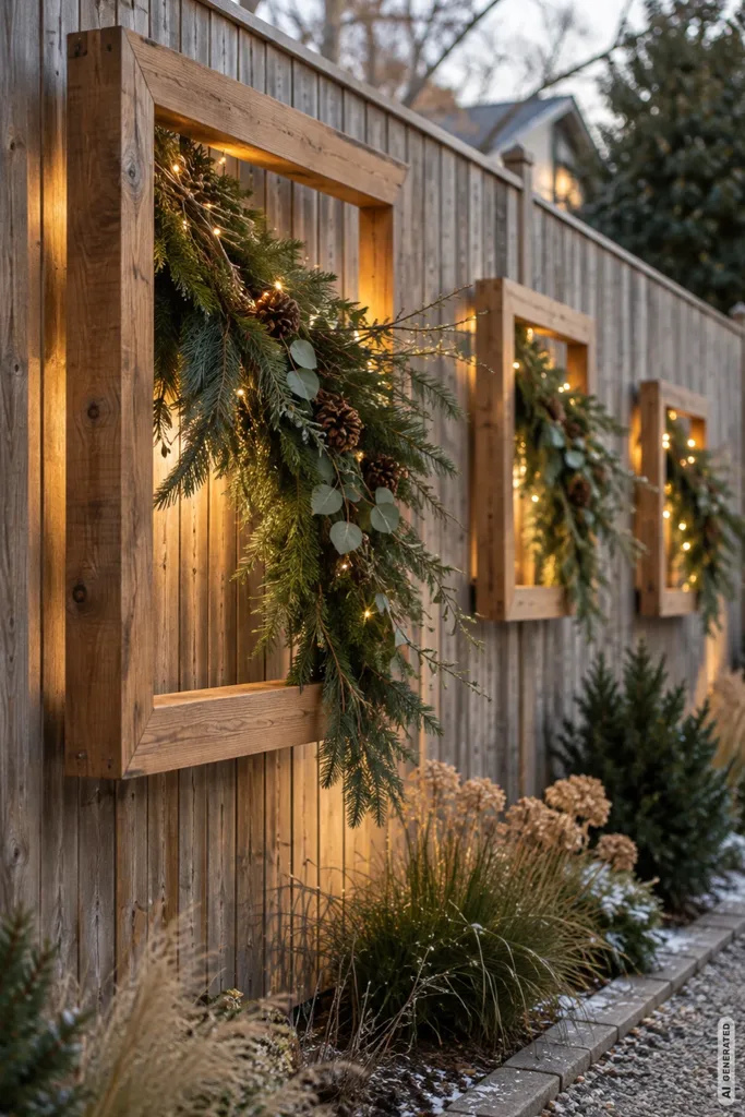 Moderne Weihnachtsdeko für den Garten: 5 Ideen, die du nicht überall siehst Drei Holzrahmen mit Tannenzweigen, Zapfen und warmweißen Lichterketten an einem langen Holzgartenzaun.