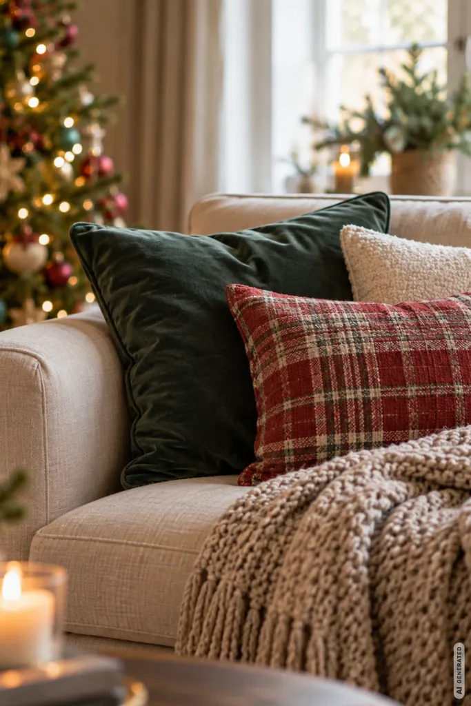 Weihnachtsdeko fürs Wohnzimmer mit grünen und roten Sofakissen, kuscheliger Strickdecke und Weihnachtsbaum.