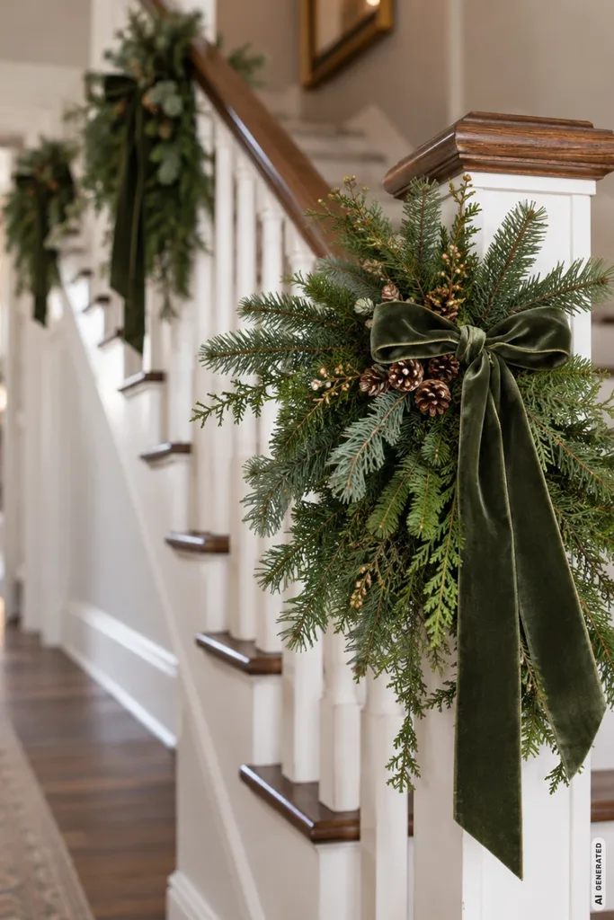 Weihnachtsdeko mit Tannenzweigen: 5 Ideen, die ohne viel Schnickschnack auskommen Festliche Tannenzweigbündel mit dunkelgrünen Schleifen und Zapfen schmücken die weißen Pfosten eines Holztreppengeländers.