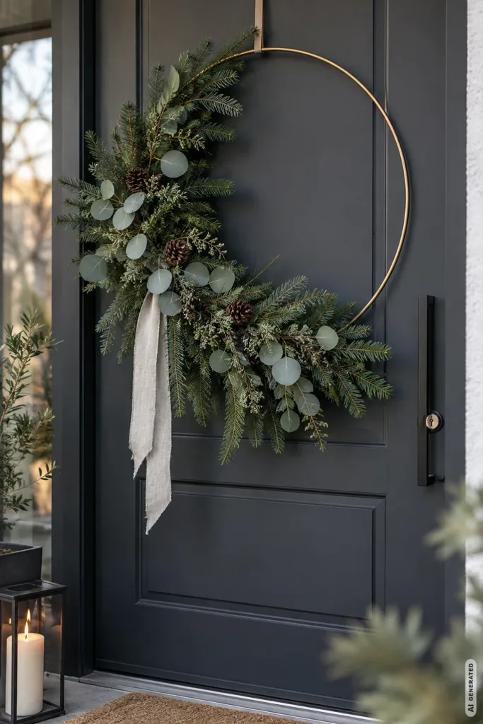 Moderne Weihnachtsdeko für die Haustür: 5 Ideen, die du nicht an jeder zweiten Tür siehst Moderner asymmetrischer Weihnachtskranz mit Tannengrün, Eukalyptus und Zapfen an einer anthrazitfarbenen Haustür.