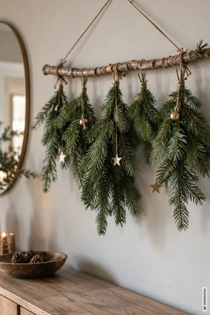 Weihnachtsdeko mit Tannenzweigen: 5 Ideen, die ohne viel Schnickschnack auskommen Selbst gemachter Wandhänger aus einem Holzast mit Tannenzweigen, Naturgarn und kleinen Sternen über einer Holzkommode.