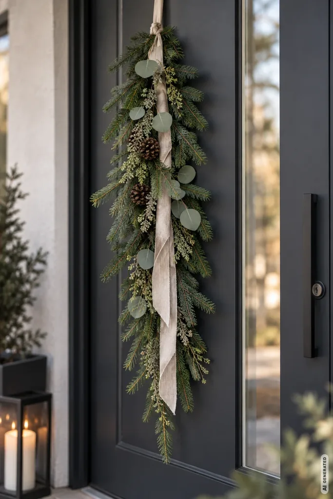 Moderne Weihnachtsdeko für die Haustür: 5 Ideen, die du nicht an jeder zweiten Tür siehst Schmaler weihnachtlicher Türhänger aus Tannenzweigen, Eukalyptus und Leinenband an einer modernen Haustür.