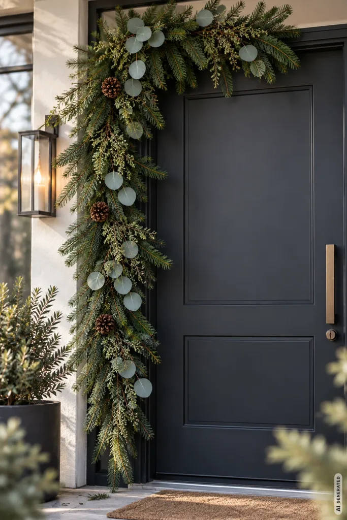 Moderne Weihnachtsdeko für die Haustür: 5 Ideen, die du nicht an jeder zweiten Tür siehst Moderne Weihnachtsgirlande aus Tannengrün, Eukalyptus und Zapfen schmückt einseitig den dunklen Haustürrahmen.