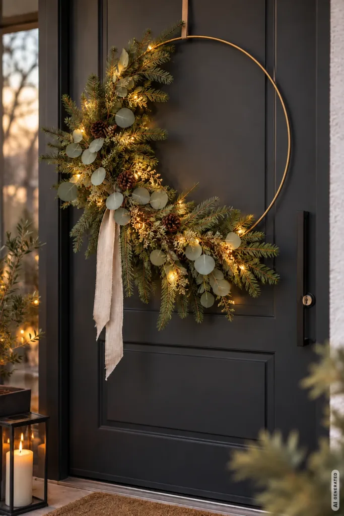 Moderne Weihnachtsdeko für die Haustür: 5 Ideen, die du nicht an jeder zweiten Tür siehst Beleuchteter Weihnachtskranz mit warmweißer LED-Lichterkette, Tannenzweigen und Eukalyptus an dunkler Haustür.