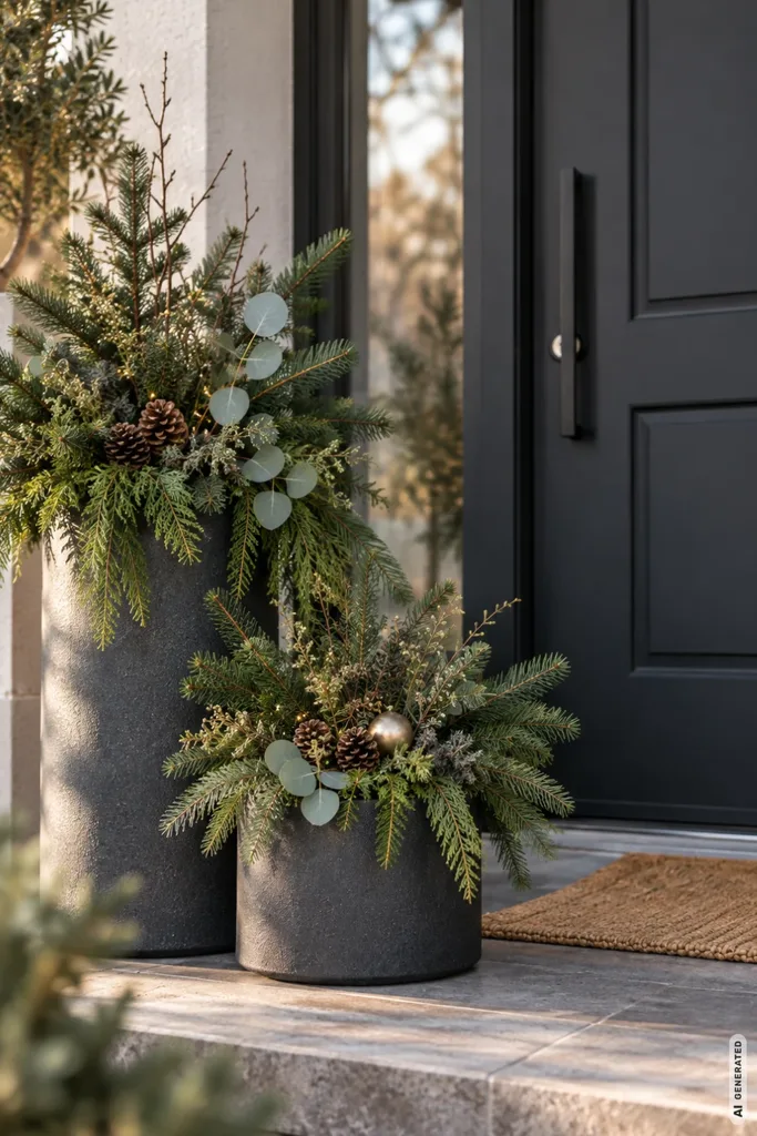 Moderne Weihnachtsdeko für die Haustür: 5 Ideen, die du nicht an jeder zweiten Tür siehst Moderne Weihnachtsdeko neben der Haustür mit zwei dunklen Pflanzgefäßen, Tannenzweigen und Zapfen.