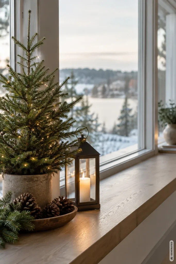 Weihnachtsdeko für große Fenster: 5 Ideen, die den Blick nach draußen bewahren Lange Holzfensterbank mit kleinem Tannenbaum, schwarzer Laterne, Tannenzapfen und dezenter Weihnachtsdeko.