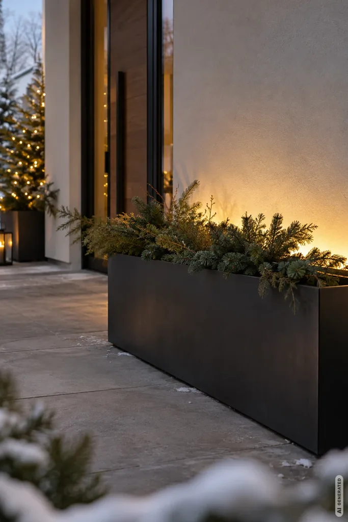 Moderne Weihnachtsdeko am Hauseingang mit beleuchtetem Pflanzkasten, Tannenzweigen und warmweißem Licht.