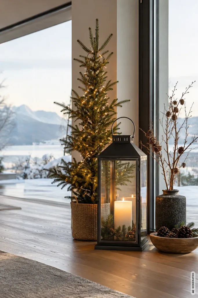 Weihnachtsdeko für große Fenster: 5 Ideen, die den Blick nach draußen bewahren Bodentiefes Wohnzimmerfenster mit kleinem beleuchtetem Tannenbaum, schwarzer Laterne und natürlichen Tannenzapfen.