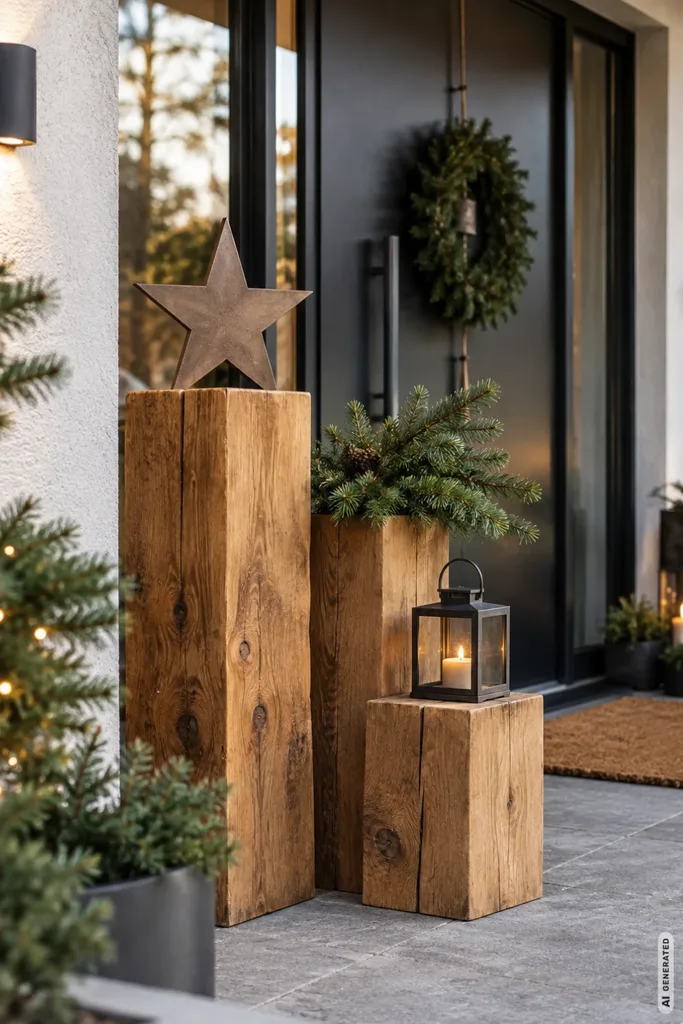 Drei Holzquader als moderne Weihnachtsdeko für den Hauseingang mit Metallstern, Tannenzweigen und Laterne.