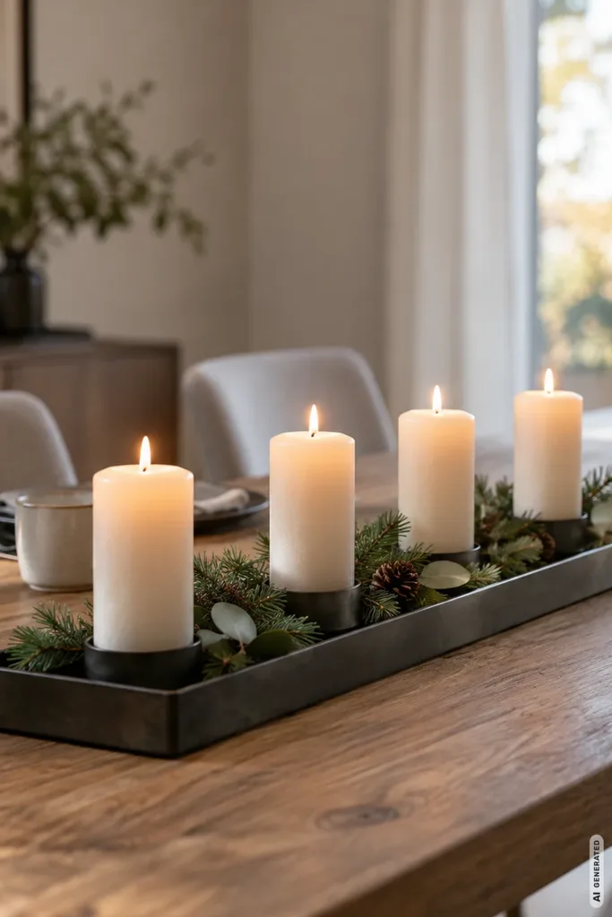 Modernes Adventsgesteck mit vier cremefarbenen Kerzen und Tannengrün auf einem schmalen schwarzen Metalltablett.