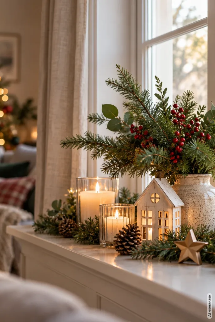 Weihnachtsdeko fürs Wohnzimmer mit Tannenzweigen, Kerzen, Holzhaus und Stern auf der Fensterbank.