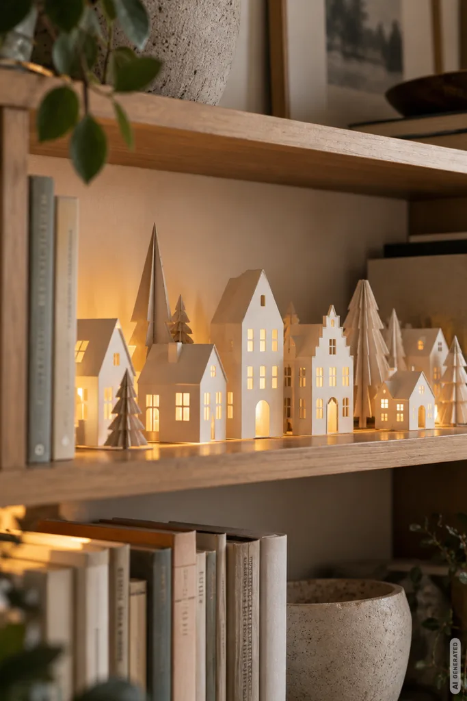 Kleines beleuchtetes Adventsdorf aus weißen Papierhäusern und Tannenbäumen in einem Holzregal.