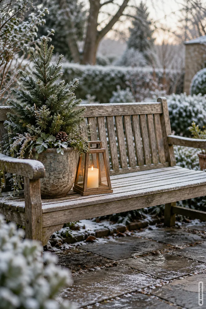 Moderne Weihnachtsdeko für den Garten: 5 Ideen, die du nicht überall siehst Holzbank im winterlichen Garten mit kleinem Tannenbaum im Pflanzkübel und leuchtender Holzlaterne.