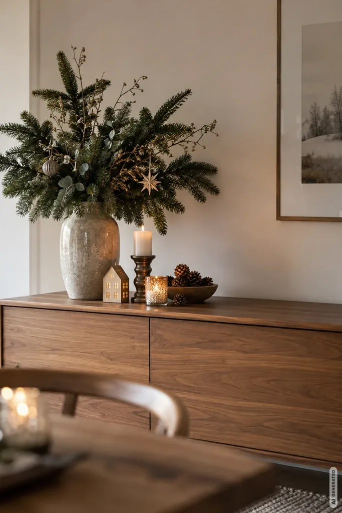 Weihnachtsdeko für das Sideboard mit asymmetrischer Anordnung, großer Vase, Tannenzweigen, Kerzen und Zapfen.