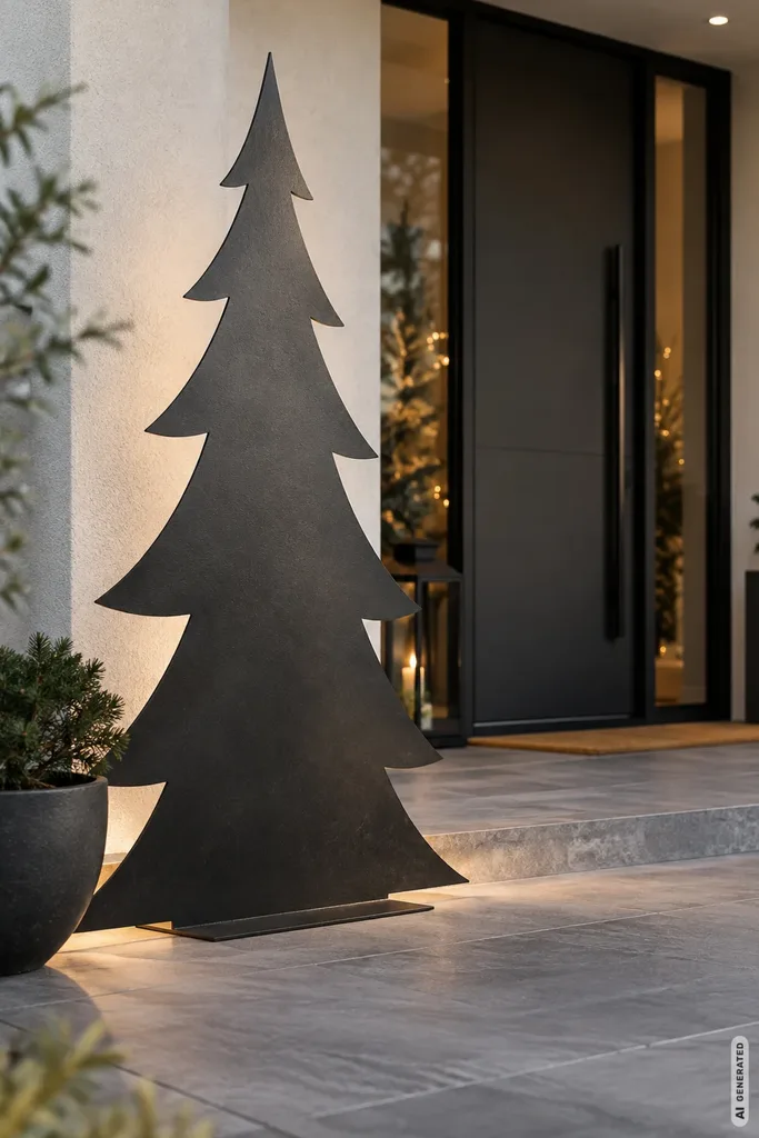 Großer schwarzer Weihnachtsbaum aus Metall als moderne Weihnachtsdeko vor einem Hauseingang.