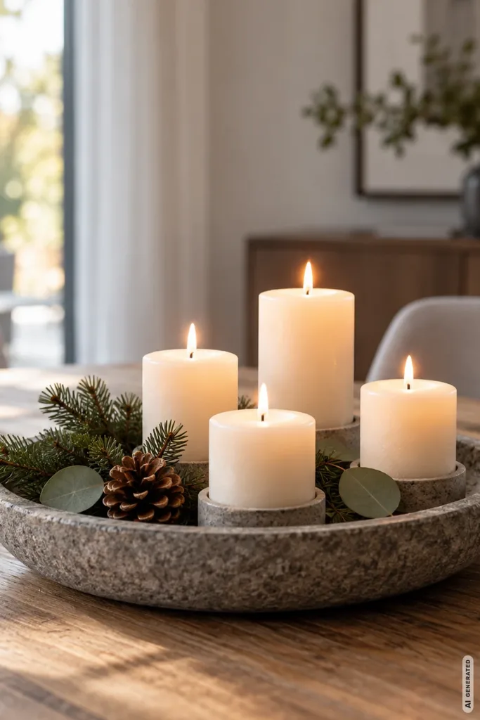 Modernes Adventsgesteck in grauer Steinschale mit vier cremefarbenen Kerzen, Tannenzweigen und Zapfen.