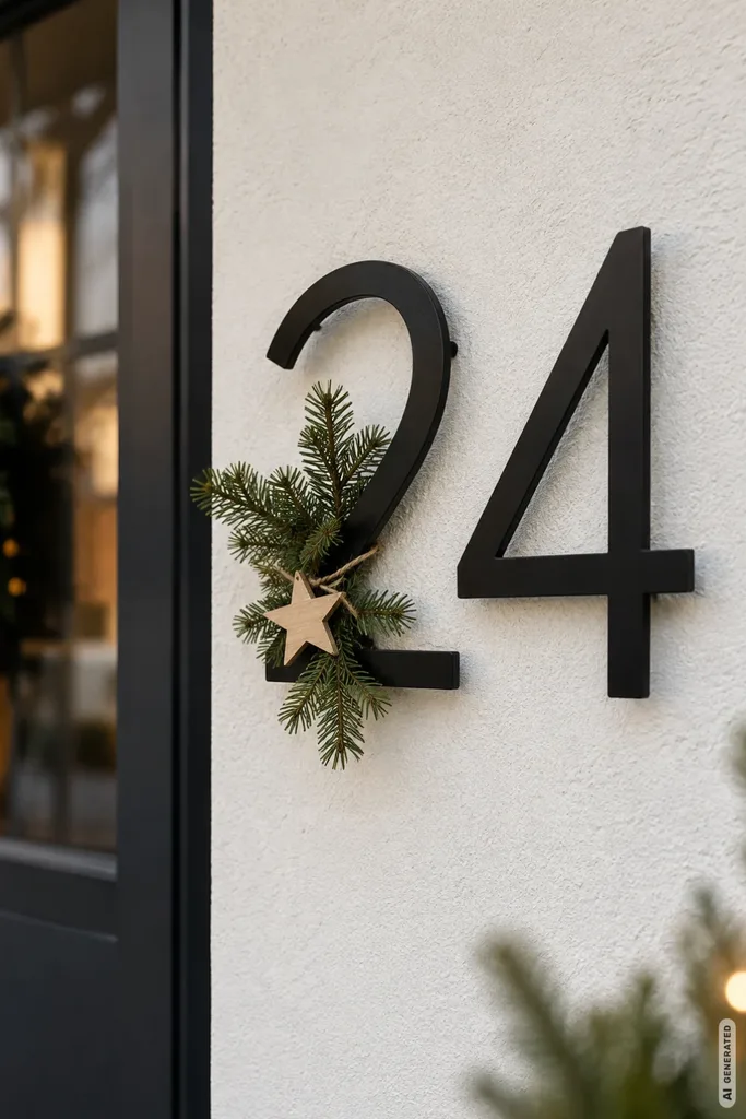 Moderne Hausnummer 24 aus schwarzem Metall mit Tannenzweigen und Holzstern als dezente Weihnachtsdeko.