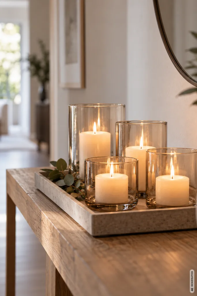 Modernes Adventsgesteck mit vier Glaswindlichtern und cremefarbenen Kerzen auf einem hellen Tablett im Flur.