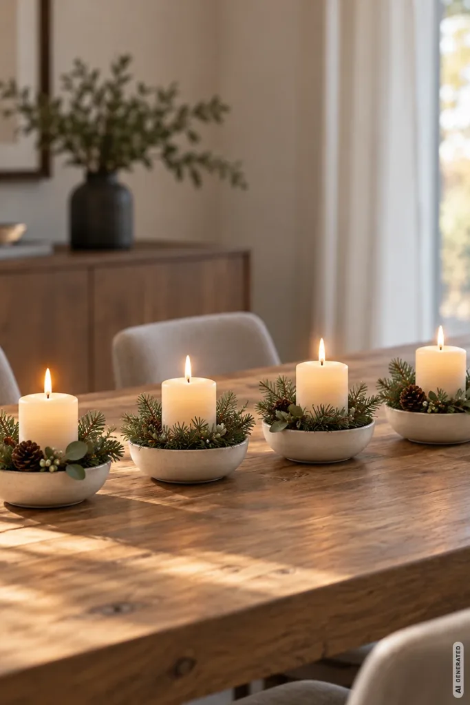 Vier moderne Mini-Adventsgestecke in Keramikschalen mit Kerzen, Tannengrün und Zapfen auf einem Holztisch.
