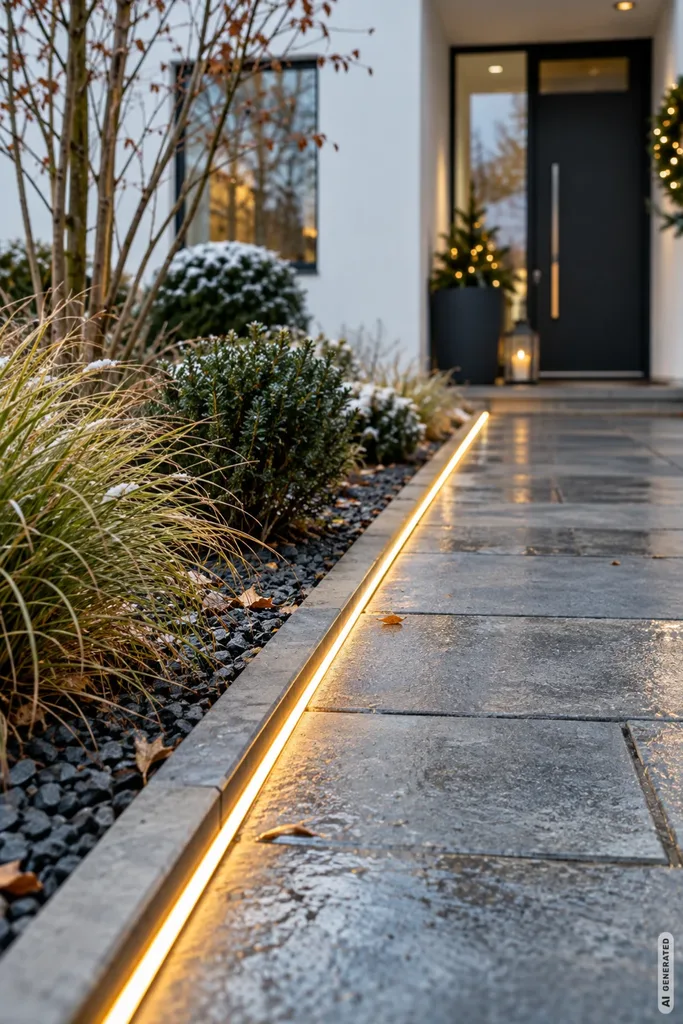 Moderne Weihnachtsdeko für den Vorgarten: 5 Ideen, die du nicht überall siehst Moderne Weihnachtsdeko im Vorgarten mit warmweißer LED-Lichtlinie entlang eines gepflasterten Gartenwegs.