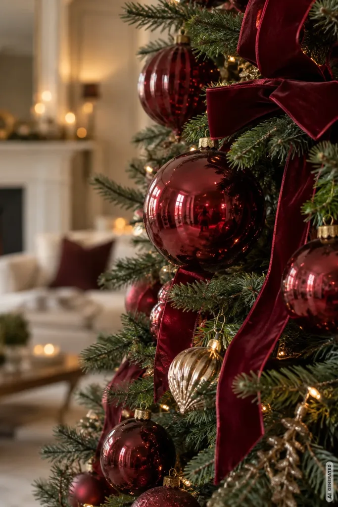 Weihnachtsbaum mit burgunderroten Glaskugeln, Samtschleifen und goldenen Akzenten in einem gemütlichen Wohnzimmer.