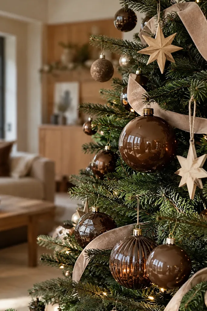 Weihnachtsbaum mit schokoladenbraunen Kugeln, hellen Holzsternen und beigefarbenen Schleifen im Wohnzimmer.
