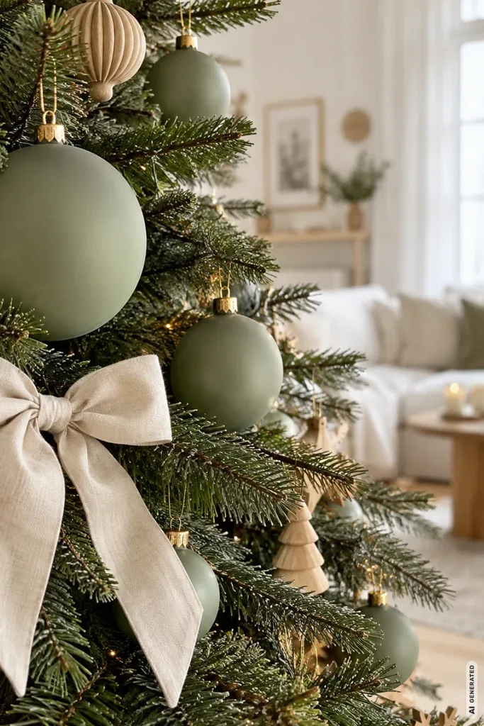 Weihnachtsbaum mit matten salbeigrünen Kugeln, cremefarbener Stoffschleife und Holzanhängern im hellen Wohnzimmer.