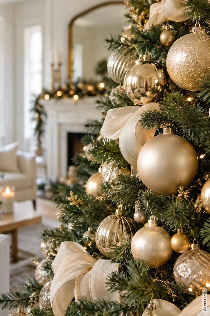 Weihnachtsbaum mit matten und glänzenden Kugeln in Champagnergold sowie cremefarbenen Schleifen.