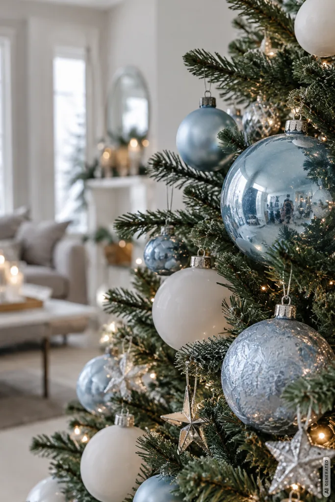 Weihnachtsbaum mit eisblauen Glaskugeln, weißen Christbaumkugeln und silbernen Sternen im modernen Wohnzimmer.