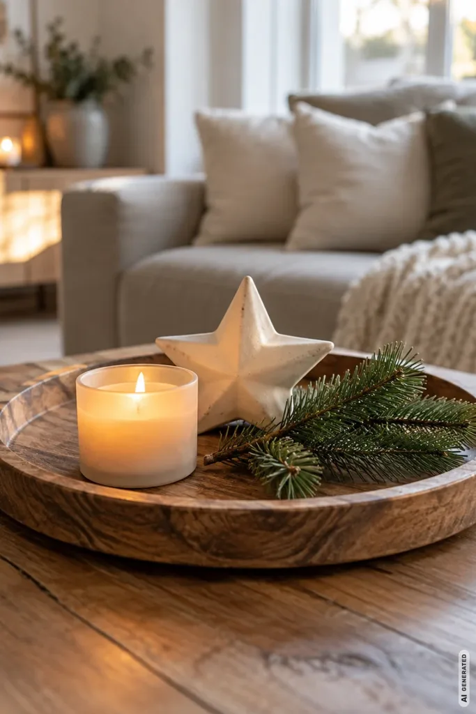 Rundes Holztablett mit LED-Kerze, Keramikstern und Tannenzweig auf einem Wohnzimmertisch.
