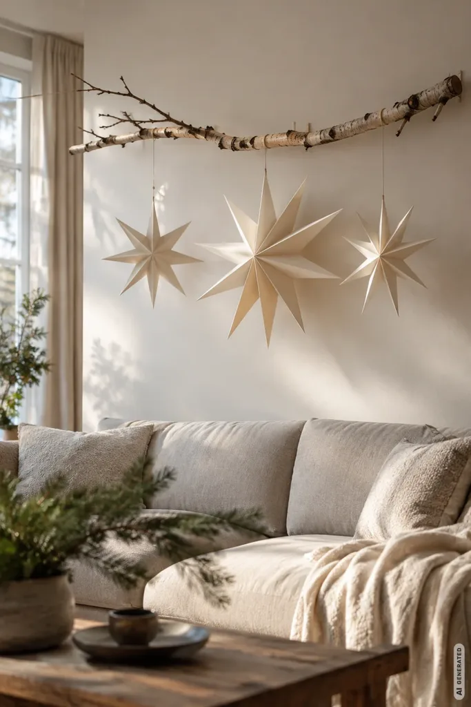 Birkenzweig mit drei Papiersternen über einem hellen Sofa im modernen Wohnzimmer.